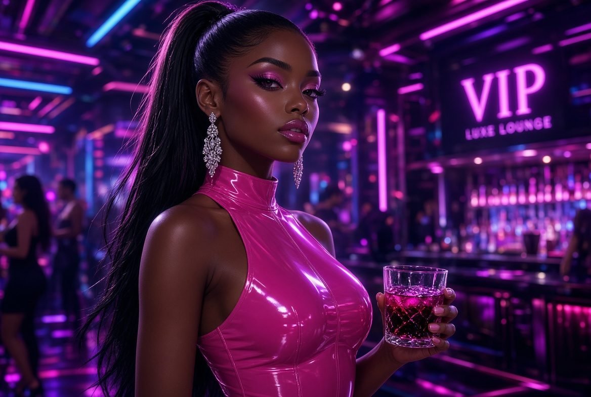 AI-generated art: a glamorous Black woman in a pink latex top holding a cocktail in a neon purple and pink VIP lounge